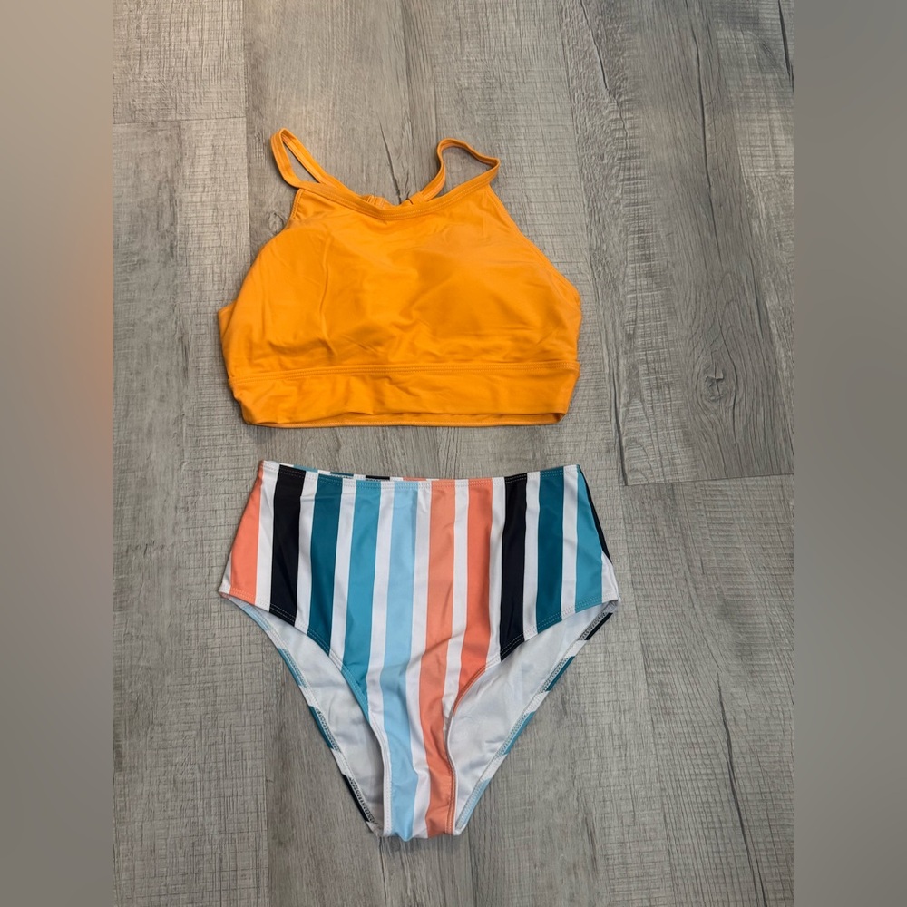 Orange Bikini with Halter Neck and High-Waisted Stripes